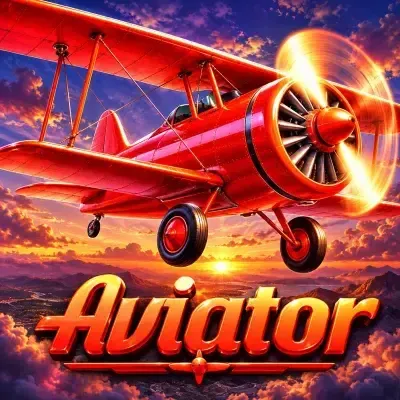 Aviator crash game poster: a red biplane soaring over a golden sunset at Yaarwin