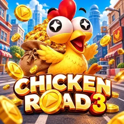 Chicken Road 3 game poster: a cartoon chicken crossing a busy road at Yaarwin
