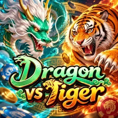 Dragon vs Tiger card poster: a dragon and a tiger facing off over two cards at Yaarwin