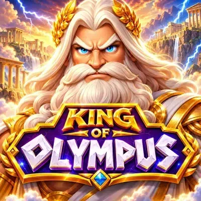 King of Olympus slot poster: a mighty Zeus above glowing reels at Yaarwin