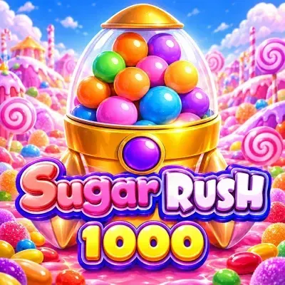 Sugar Rush 1000 slot poster: colourful candy symbols on a sweet grid at Yaarwin