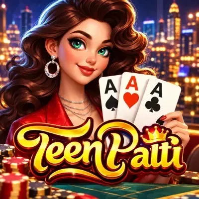 Teen Patti card game poster: a glamorous dealer holding three aces over a casino table at Yaarwin