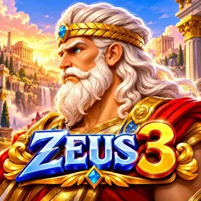 Zeus 3 slot poster: Zeus hurling lightning above spinning reels at Yaarwin